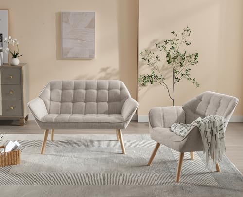 Wahson Linen 2 Seater Sofa Modern Upholstered Couch with Solid Wood Legs, Comfortable Padded Loveseat Sofa for Living Room/Bedroom, Beige