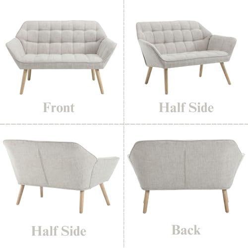 Wahson Linen 2 Seater Sofa Modern Upholstered Couch with Solid Wood Legs, Comfortable Padded Loveseat Sofa for Living Room/Bedroom, Beige