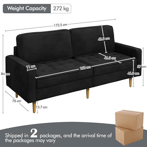 Yaheetech 2 Seater Velvet Fabric Futon Sofa Modern Tufted Loveseat Couch Settee with Gold Metal Legs for Small Space Condos/Office/Bedroom Black