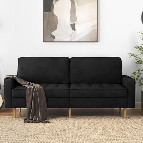 Yaheetech 2 Seater Velvet Fabric Futon Sofa Modern Tufted Loveseat Couch Settee with Gold Metal Legs for Small Space Condos/Office/Bedroom Black