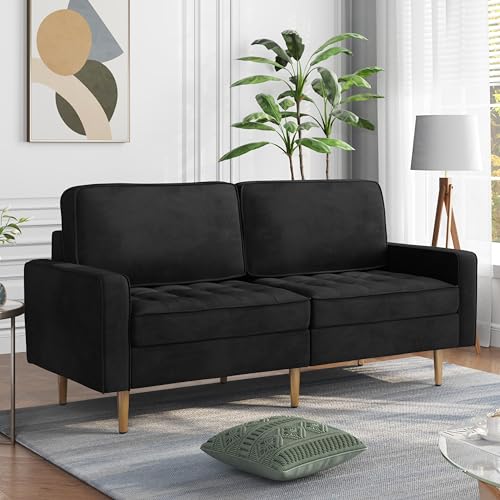 Yaheetech 2 Seater Velvet Fabric Futon Sofa Modern Tufted Loveseat Couch Settee with Gold Metal Legs for Small Space Condos/Office/Bedroom Black