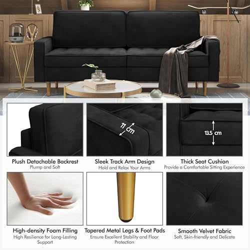 Yaheetech 2 Seater Velvet Fabric Futon Sofa Modern Tufted Loveseat Couch Settee with Gold Metal Legs for Small Space Condos/Office/Bedroom Black
