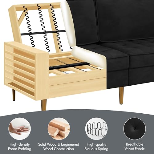 Yaheetech 2 Seater Velvet Fabric Futon Sofa Modern Tufted Loveseat Couch Settee with Gold Metal Legs for Small Space Condos/Office/Bedroom Black