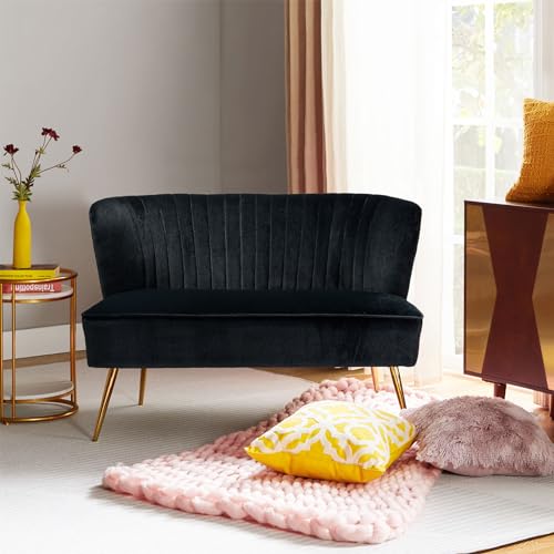 FABRICATION HAUS Velvet 2 Seater Sofa Upholstered Loveseat Couch with Metal Legs Armless Backrest for Living Room Bedroom Lounge, Black