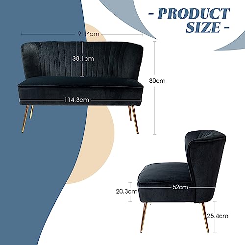 FABRICATION HAUS Velvet 2 Seater Sofa Upholstered Loveseat Couch with Metal Legs Armless Backrest for Living Room Bedroom Lounge, Black