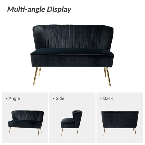 FABRICATION HAUS Velvet 2 Seater Sofa Upholstered Loveseat Couch with Metal Legs Armless Backrest for Living Room Bedroom Lounge, Black