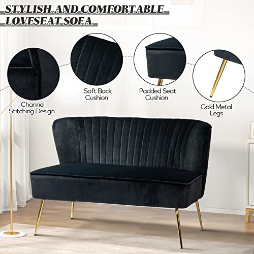 FABRICATION HAUS Velvet 2 Seater Sofa Upholstered Loveseat Couch with Metal Legs Armless Backrest for Living Room Bedroom Lounge, Black