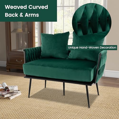 Multigot 2 Seater Sofa, Modern Upholstered Loveseat Couch with 2 Back Pillows, Woven Backrest and Armrest, Thick Padding Velvet Armchair Sofa for Living Room Bedroom Office (Green)