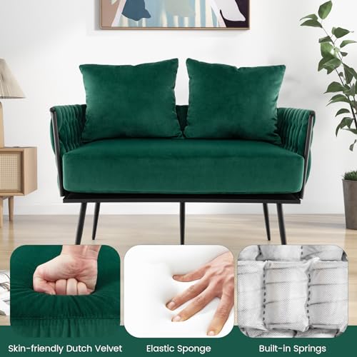 Multigot 2 Seater Sofa, Modern Upholstered Loveseat Couch with 2 Back Pillows, Woven Backrest and Armrest, Thick Padding Velvet Armchair Sofa for Living Room Bedroom Office (Green)