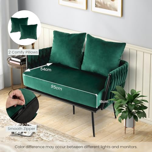 Multigot 2 Seater Sofa, Modern Upholstered Loveseat Couch with 2 Back Pillows, Woven Backrest and Armrest, Thick Padding Velvet Armchair Sofa for Living Room Bedroom Office (Green)