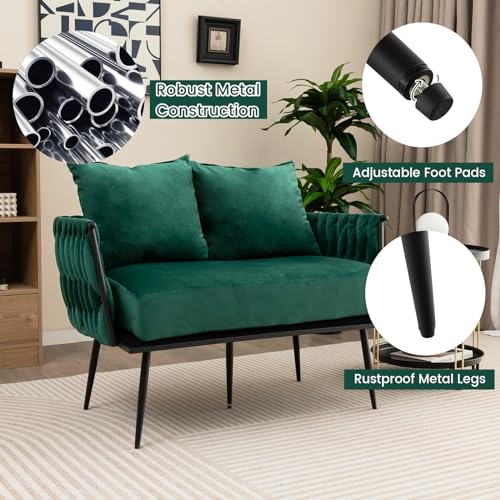 Multigot 2 Seater Sofa, Modern Upholstered Loveseat Couch with 2 Back Pillows, Woven Backrest and Armrest, Thick Padding Velvet Armchair Sofa for Living Room Bedroom Office (Green)
