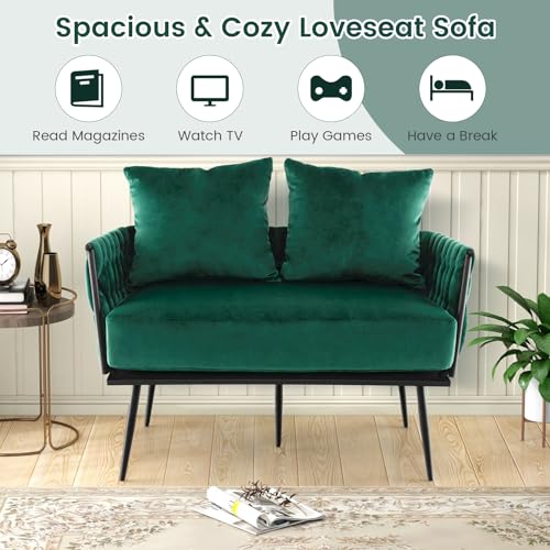 Multigot 2 Seater Sofa, Modern Upholstered Loveseat Couch with 2 Back Pillows, Woven Backrest and Armrest, Thick Padding Velvet Armchair Sofa for Living Room Bedroom Office (Green)