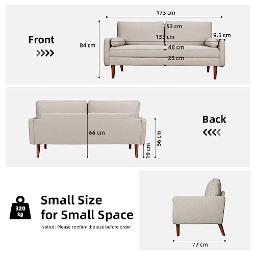 Vesgantti 2 Seater Sofa, Fabric Beige Loveseat Sofa, Mid Century Modern Small Couch for Living Room, Button Tufted Seat Cushion, Square Armrest, 2 Bolster Pillows, Fit for Small Space/Bedroom/Office
