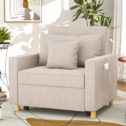 YODOLLA 3-in-1 Convertible Chair Bed, Sleeper Chair Bed, Pull Out Sleeper Chair Beds, Adjustable Single Armchair Sofa Bed with Side Pocket and Adjust Backrest Into a Sofa, Cream Beige