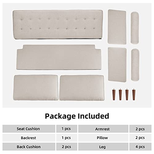 Vesgantti 2 Seater Sofa, Fabric Beige Loveseat Sofa, Mid Century Modern Small Couch for Living Room, Button Tufted Seat Cushion, Square Armrest, 2 Bolster Pillows, Fit for Small Space/Bedroom/Office