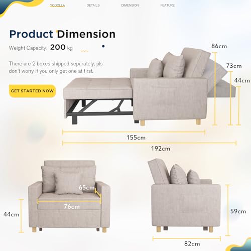 YODOLLA 3-in-1 Convertible Chair Bed, Sleeper Chair Bed, Pull Out Sleeper Chair Beds, Adjustable Single Armchair Sofa Bed with Side Pocket and Adjust Backrest Into a Sofa, Cream Beige