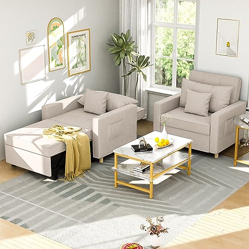 YODOLLA 3-in-1 Convertible Chair Bed, Sleeper Chair Bed, Pull Out Sleeper Chair Beds, Adjustable Single Armchair Sofa Bed with Side Pocket and Adjust Backrest Into a Sofa, Cream Beige