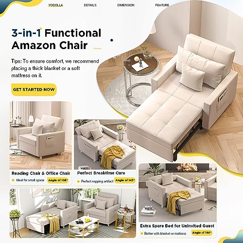 YODOLLA 3-in-1 Convertible Chair Bed, Sleeper Chair Bed, Pull Out Sleeper Chair Beds, Adjustable Single Armchair Sofa Bed with Side Pocket and Adjust Backrest Into a Sofa, Cream Beige