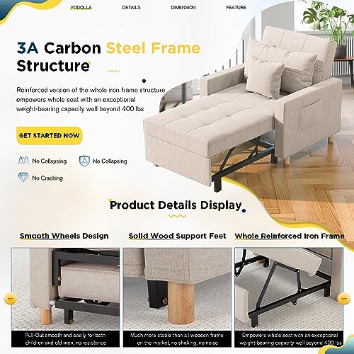 YODOLLA 3-in-1 Convertible Chair Bed, Sleeper Chair Bed, Pull Out Sleeper Chair Beds, Adjustable Single Armchair Sofa Bed with Side Pocket and Adjust Backrest Into a Sofa, Cream Beige