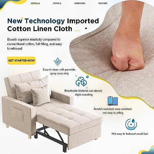 YODOLLA 3-in-1 Convertible Chair Bed, Sleeper Chair Bed, Pull Out Sleeper Chair Beds, Adjustable Single Armchair Sofa Bed with Side Pocket and Adjust Backrest Into a Sofa, Cream Beige