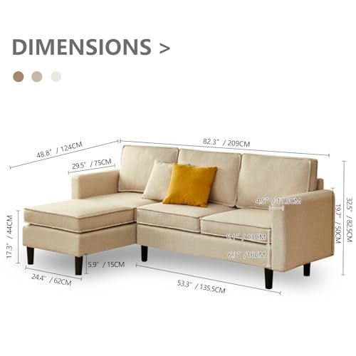 Maxfurhawa Convertible Sectional Sofa, L Shaped Couch with Reversible Chaise, 208cm Sofa Bed, Modern Linen Fabric Sectional Couches for Apartment, Dorm, Bonus Room (Linen - Beige)