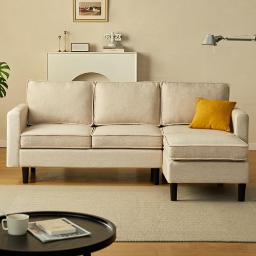 Maxfurhawa Convertible Sectional Sofa, L Shaped Couch with Reversible Chaise, 208cm Sofa Bed, Modern Linen Fabric Sectional Couches for Apartment, Dorm, Bonus Room (Linen - Beige)