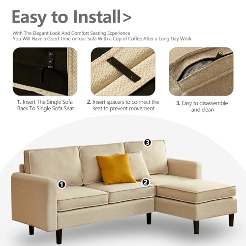 Maxfurhawa Convertible Sectional Sofa, L Shaped Couch with Reversible Chaise, 208cm Sofa Bed, Modern Linen Fabric Sectional Couches for Apartment, Dorm, Bonus Room (Linen - Beige)