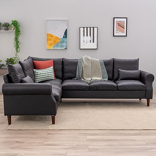Panana 6 Seater Corner Sofa L shape Faux Leather Living Room Sectional Couch,Small Apartment Sectional L sahpe Upholstered Sofa (Black Faux Leather Rolled Arm, 6 Seater Corner Sofa)