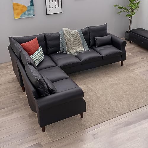 Panana 6 Seater Corner Sofa L shape Faux Leather Living Room Sectional Couch,Small Apartment Sectional L sahpe Upholstered Sofa (Black Faux Leather Rolled Arm, 6 Seater Corner Sofa)