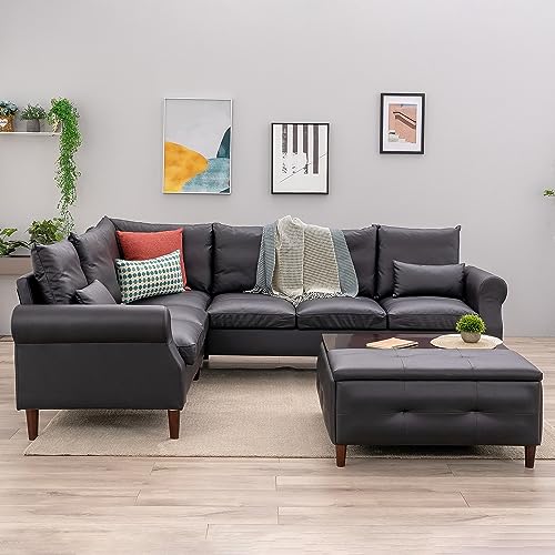 Panana 6 Seater Corner Sofa L shape Faux Leather Living Room Sectional Couch,Small Apartment Sectional L sahpe Upholstered Sofa (Black Faux Leather Rolled Arm, 6 Seater Corner Sofa)