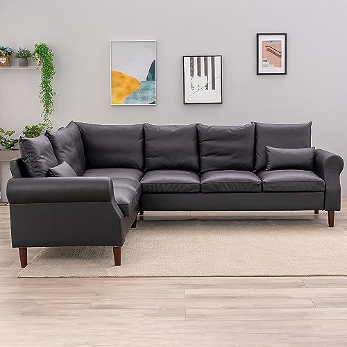 Panana 6 Seater Corner Sofa L shape Faux Leather Living Room Sectional Couch,Small Apartment Sectional L sahpe Upholstered Sofa (Black Faux Leather Rolled Arm, 6 Seater Corner Sofa)