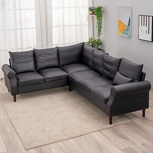 Panana 6 Seater Corner Sofa L shape Faux Leather Living Room Sectional Couch,Small Apartment Sectional L sahpe Upholstered Sofa (Black Faux Leather Rolled Arm, 6 Seater Corner Sofa)