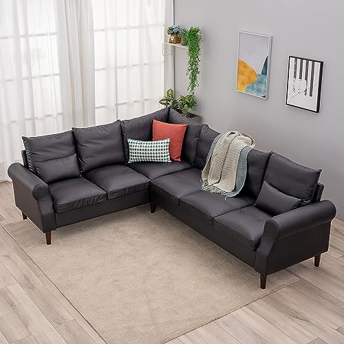 Panana 6 Seater Corner Sofa L shape Faux Leather Living Room Sectional Couch,Small Apartment Sectional L sahpe Upholstered Sofa (Black Faux Leather Rolled Arm, 6 Seater Corner Sofa)