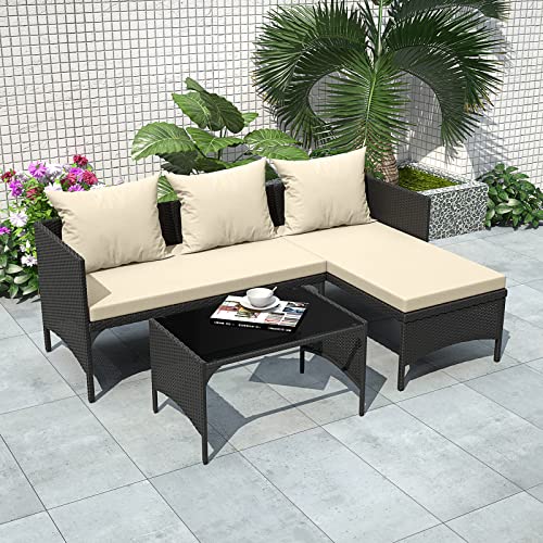 bigzzia Outdoor Rattan Patio Furniture Set with Chaise Lounge Sofa Set for Porch Garden, Space Saving L-Shaped Corner Sectional Chair with Glass Coffee Table (Black)