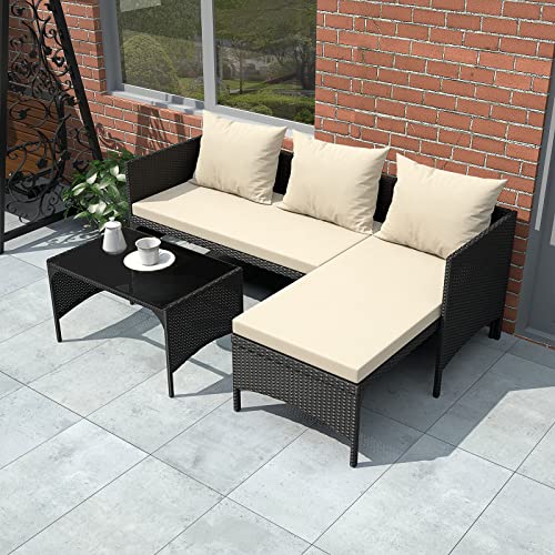 bigzzia Outdoor Rattan Patio Furniture Set with Chaise Lounge Sofa Set for Porch Garden, Space Saving L-Shaped Corner Sectional Chair with Glass Coffee Table (Black)