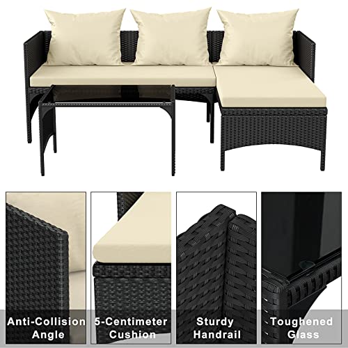 bigzzia Outdoor Rattan Patio Furniture Set with Chaise Lounge Sofa Set for Porch Garden, Space Saving L-Shaped Corner Sectional Chair with Glass Coffee Table (Black)