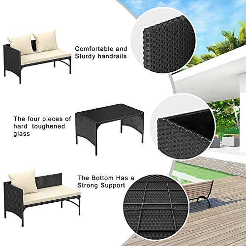bigzzia Outdoor Rattan Patio Furniture Set with Chaise Lounge Sofa Set for Porch Garden, Space Saving L-Shaped Corner Sectional Chair with Glass Coffee Table (Black)