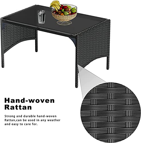 bigzzia Outdoor Rattan Patio Furniture Set with Chaise Lounge Sofa Set for Porch Garden, Space Saving L-Shaped Corner Sectional Chair with Glass Coffee Table (Black)