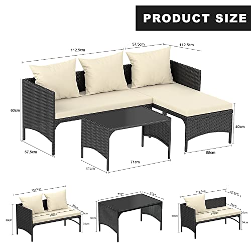 bigzzia Outdoor Rattan Patio Furniture Set with Chaise Lounge Sofa Set for Porch Garden, Space Saving L-Shaped Corner Sectional Chair with Glass Coffee Table (Black)