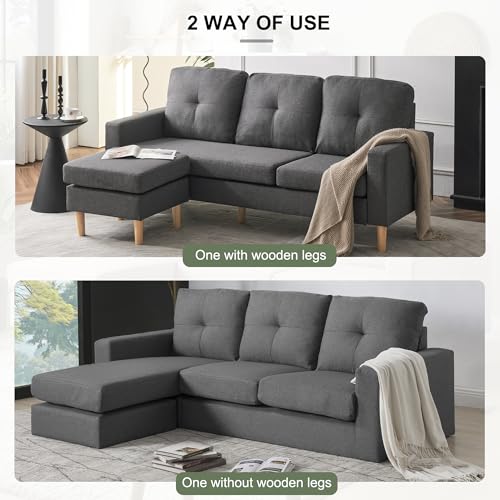 LTGB 3-Seater Sofa Couch,Corner Sofa,Upholstered Sectional Sofa, Multi-Functional Toffee Seat with Removable Solid Wood Footrests for Living Room, Bedroom - 6.5ft Beige Fabric (Gray)