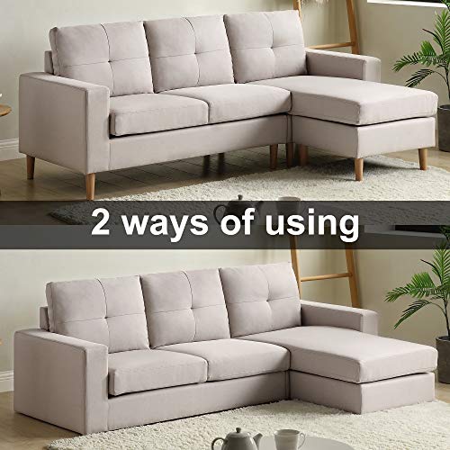 L Sectional Sofa Couch, 3 Seater Sofa, Living Room Small Convertible Couch, Modern Linen Fabric L Shape Sofa Couch with Chaise Lounge for Small Space Apartment (Beige)