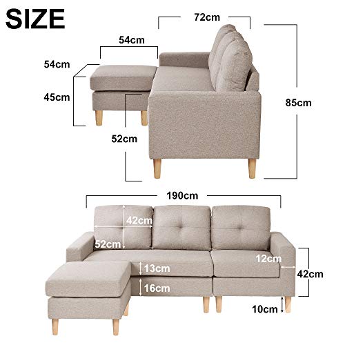L Sectional Sofa Couch, 3 Seater Sofa, Living Room Small Convertible Couch, Modern Linen Fabric L Shape Sofa Couch with Chaise Lounge for Small Space Apartment (Beige)