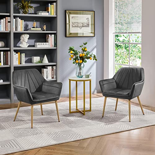 Yaheetech Velvet Tufted Vanity Chair, Modern Armchair with Flared Wide Arms and Metal Legs, Angled Back for Make up Room/Living Room/Bedroom, Dark Gray