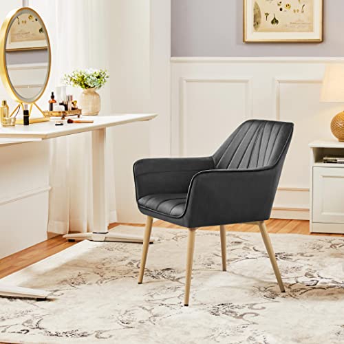 Yaheetech Velvet Tufted Vanity Chair, Modern Armchair with Flared Wide Arms and Metal Legs, Angled Back for Make up Room/Living Room/Bedroom, Dark Gray