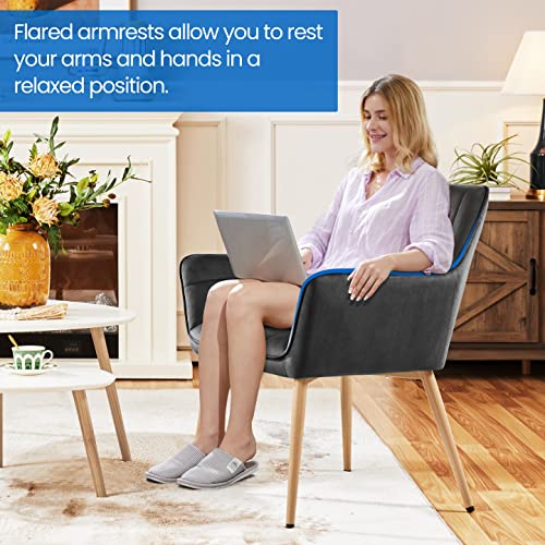 Yaheetech Velvet Tufted Vanity Chair, Modern Armchair with Flared Wide Arms and Metal Legs, Angled Back for Make up Room/Living Room/Bedroom, Dark Gray