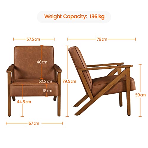 Yaheetech PU Leather Armchair, Modern Tub Chair, Retro Lounge Sofa Chair with Wooden Frame and Comfy Seat for Living Room Bedroom Home Office Light Brown