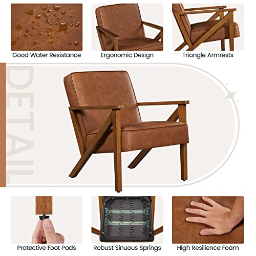 Yaheetech PU Leather Armchair, Modern Tub Chair, Retro Lounge Sofa Chair with Wooden Frame and Comfy Seat for Living Room Bedroom Home Office Light Brown