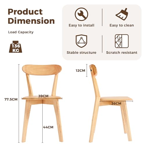DELAVIN Soild Wood Dining Chairs Set of 2, Oak Wood Kitchen Chairs, Mid Century Modern Dining Room Chairs, Natural