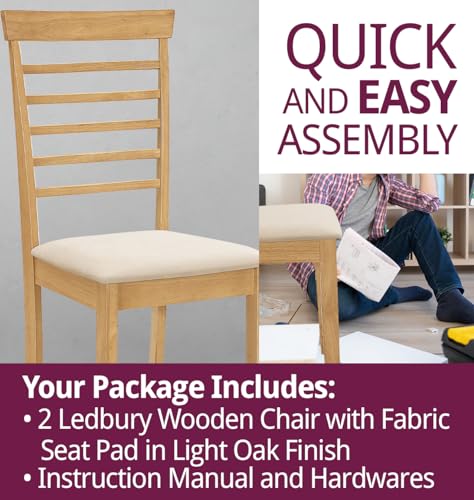 Hallowood Furniture Ledbury Dining Chairs Set of 2 in Light Oak Finish, Solid Wooden Chair with Fabric Pads, Modern & Stylish Kitchen Chairs, Warm Cream Dining Chairs
