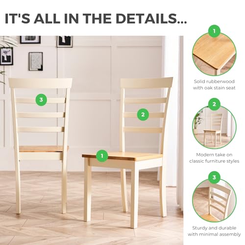 Furniturebox UK 2x Wood Dining Chair - Whitby Cream Wooden Dining Chairs - Pale Oak Stain Seat - Modern Traditional Farmhouse Dining Furniture Style - Solid Rubberwood Pair Of Dining Room Chairs